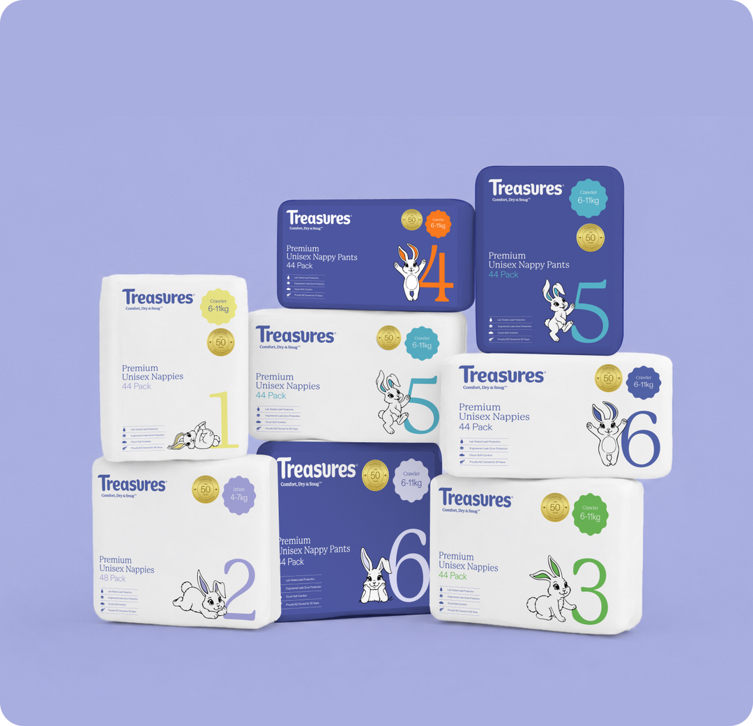 The Treasures range of nappy and nappy pants packs, sizes 1 to 6, stacked on a purple background